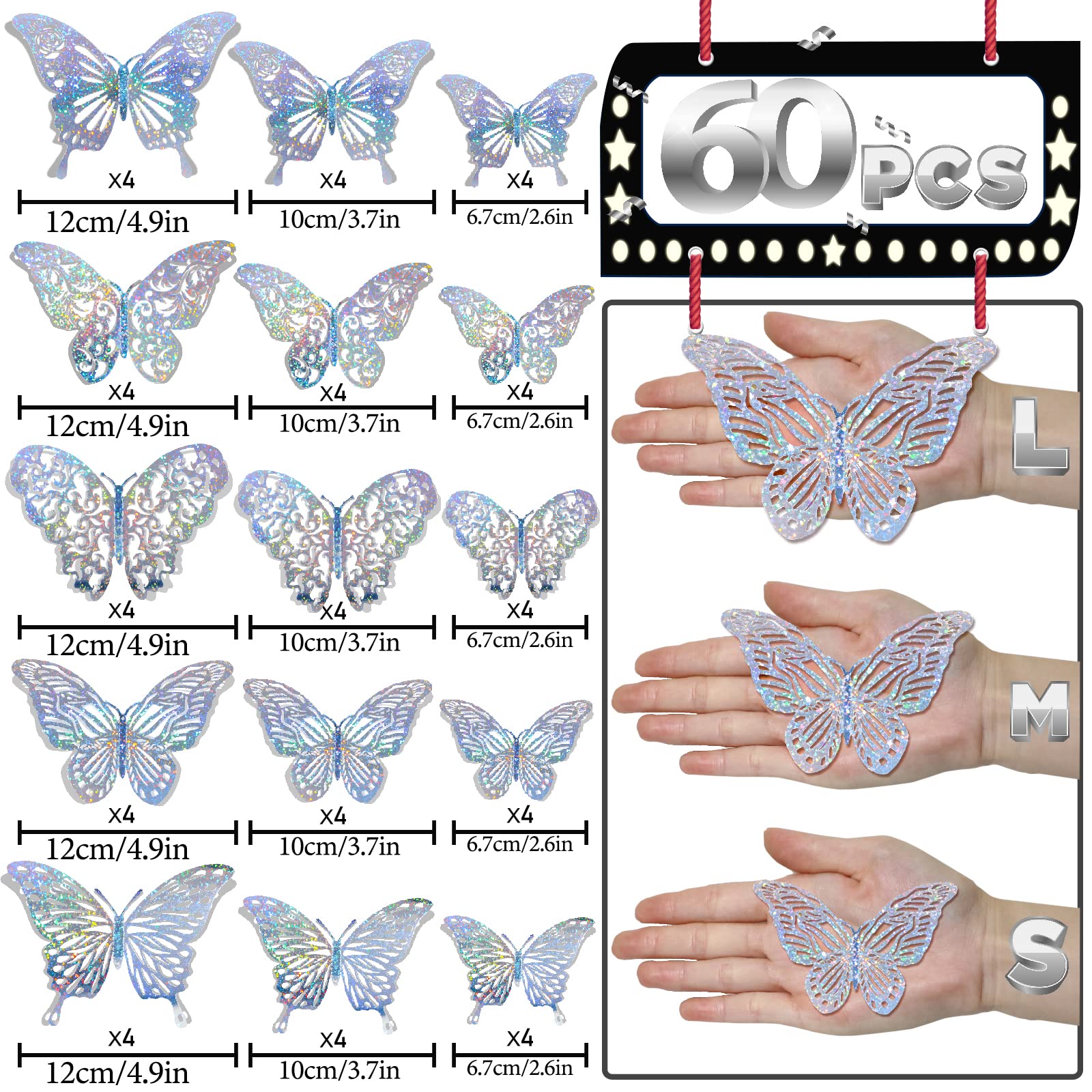 60 Pcs 3D Sequined Silver Butterfly Wall Decor, 5 Styles 3 Sizes,Butterfly Cake Birthday Party Baby Shower Decorations Iridescen